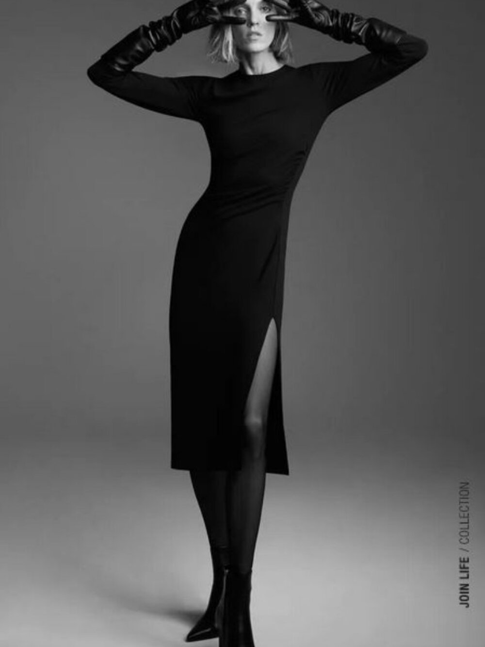 Zara Side Ruched Black Long Sleeve Midi Dress With a Side Slit, NWOT, M